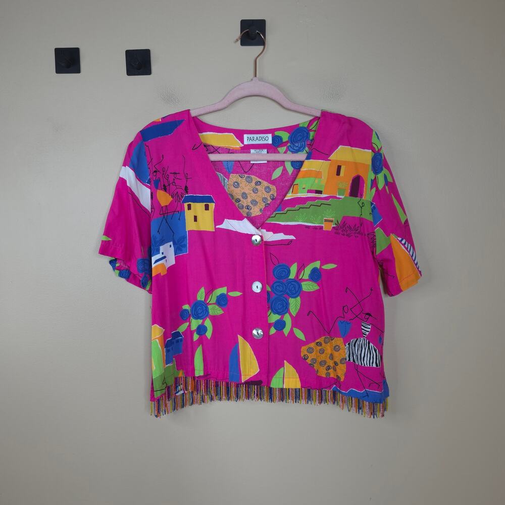 Vintage Paradiso Short Sleeve Pink Hawaiian Button Up Cropped Shirt Size XL